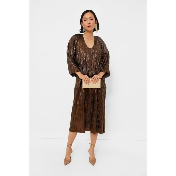 Tuckernuck Hyacinth House Bronze Metallic Plisse Dorinda Midi Dress - Size Small - Picture 1 of 13